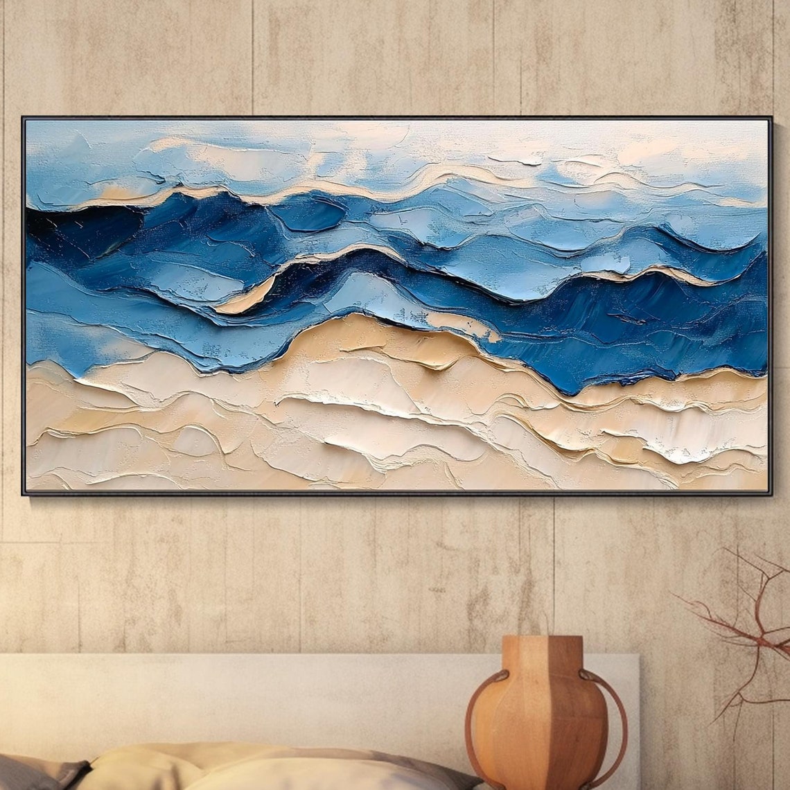 Blue Ocean Waves Over Sand Dunes Textured Coastal Art Poster