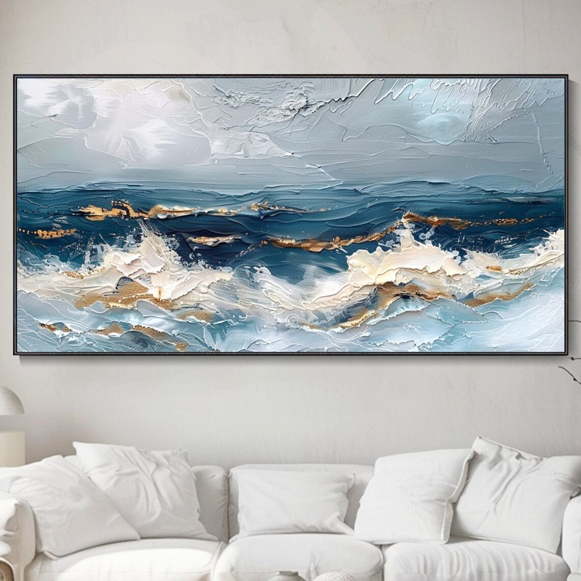 Blue Ocean Waves White Foam Gold Accents Textured Seascape Art Poster