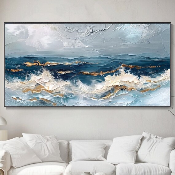 Blue Ocean Waves White Foam Gold Accents Textured Seascape Art Poster