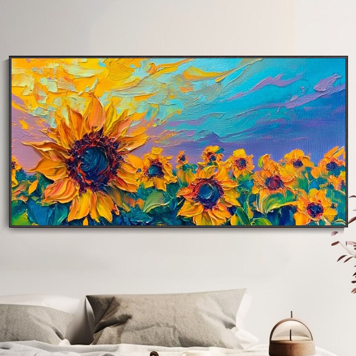 Sunflower Oil Painting Bright Color Texture Knife Painting Artist Original Blue Sky Sunshine Home Decor Flower Theme Wall Art Birthday Gift