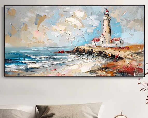 Lighthouse On Rocky Coast Ocean Waves Coastal Landscape Art Poster