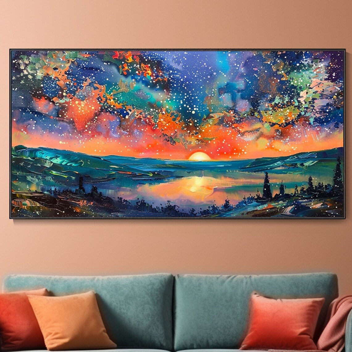 Abstract Dreamscape Star Aurora Landscape Wall Art Original Forest Lake Oil Painting Bedroom Wall Decor Housewarming Gift Mysterious
