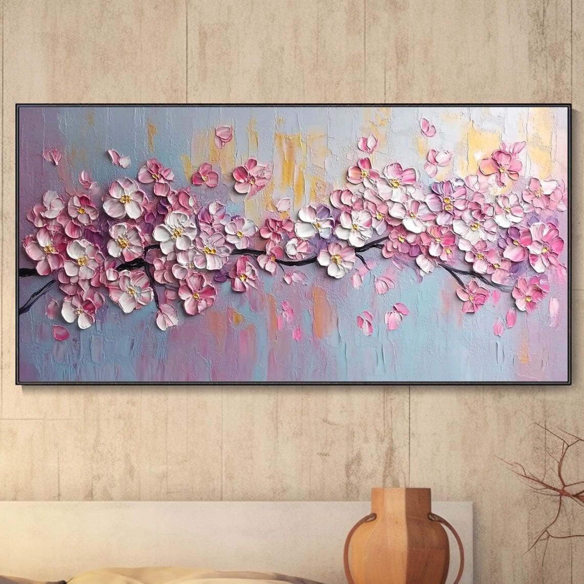 Pink Cherry Blossom Oil Painting, Spring Tree Branch Art Print