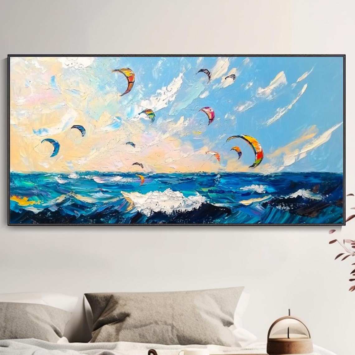 Kitesurfing Kites Over Blue Ocean Waves Summer Beach Sport Art Poster