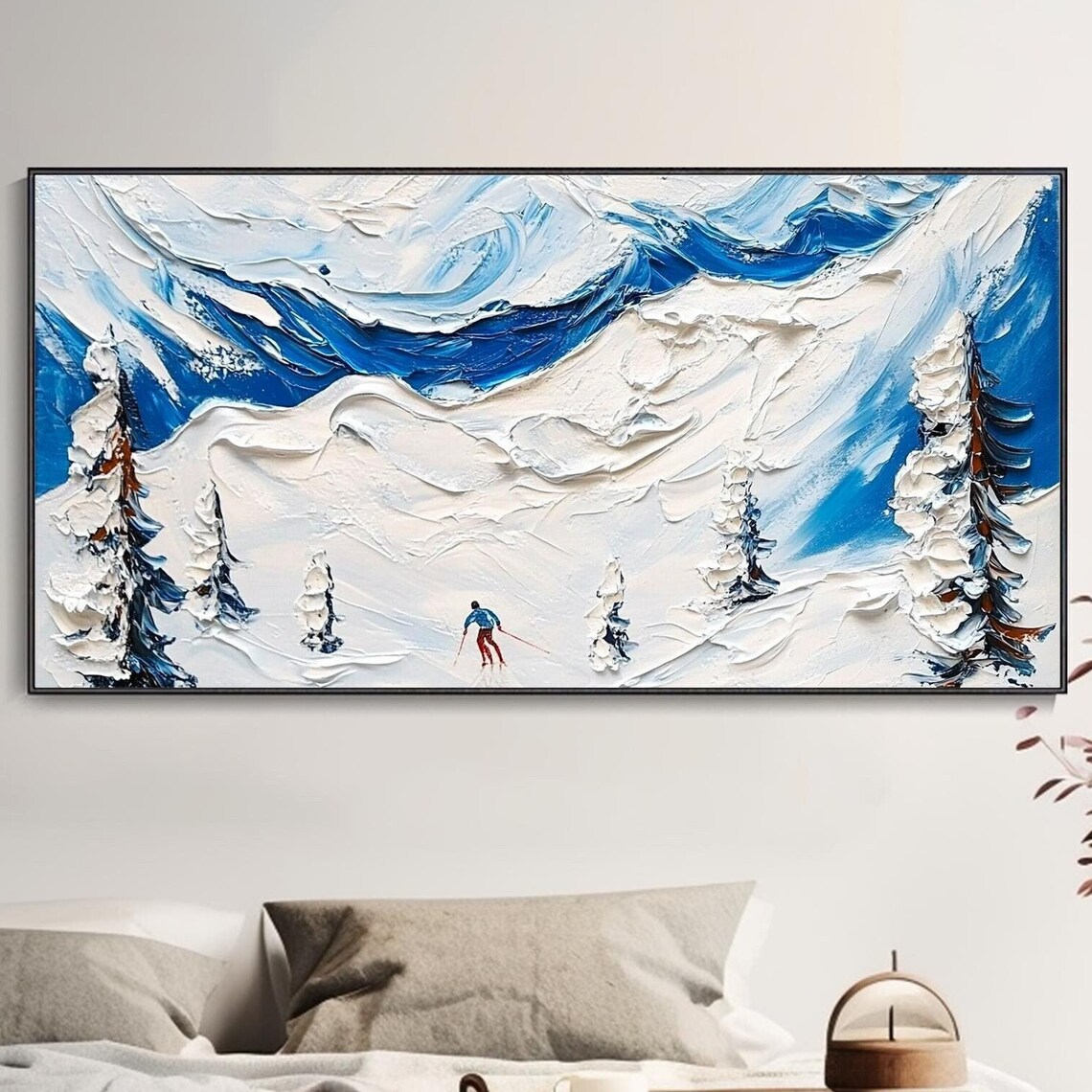 3d Snowy Mountain Skiing Oil Painting Winter Sport Nature Landscapes Skier Outdoor Activity Leisure Travel Adventure Original Artwork Decor