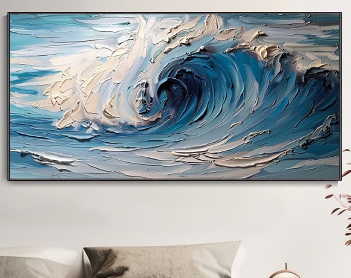 Curling Blue Ocean Wave Textured Dramatic Seascape Art Poster