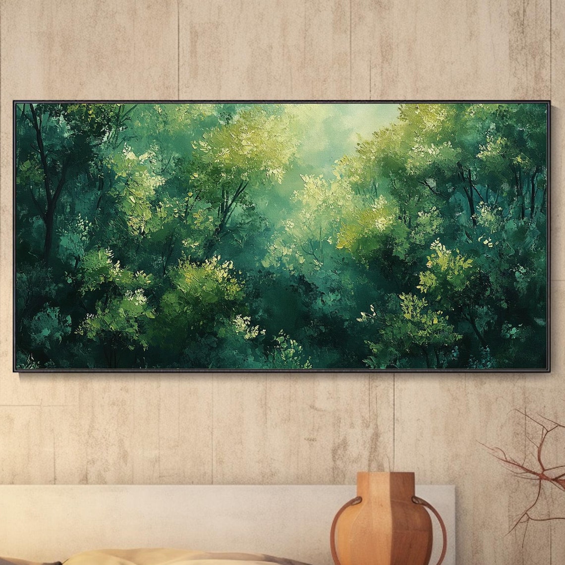 Lush Green Forest Canopy Sunlit Trees Peaceful Nature Landscape Poster