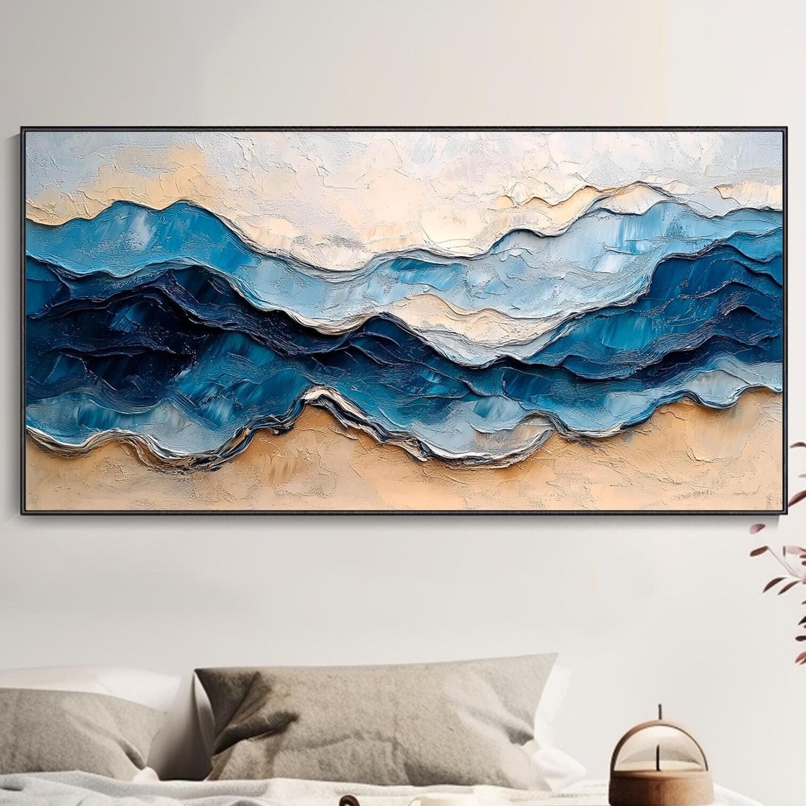 Layered Blue Ocean Waves On Golden Beach Textured Art Poster