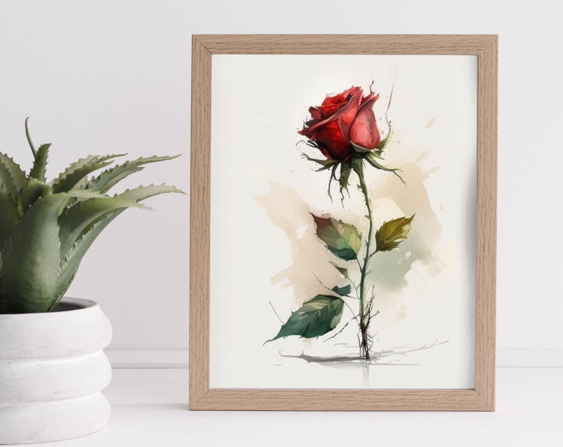 Elegant Red Rose Bloom Watercolor Botanical Flower Wall Poster
