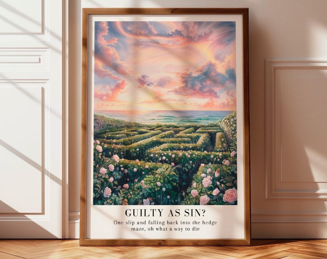 Floral Garden Maze Labyrinth Sunset Ocean Scenic Watercolor Art Poster