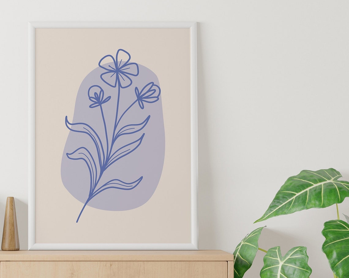 Blue Minimal Line Botanical Print Art Colorful Floral Art Cute Trendy Wall Art