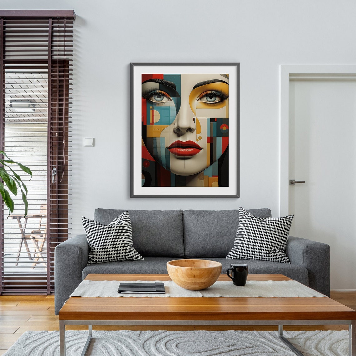Geometric Cubist Woman Face in Teal Red and Gold Blocks Poster - Image 6
