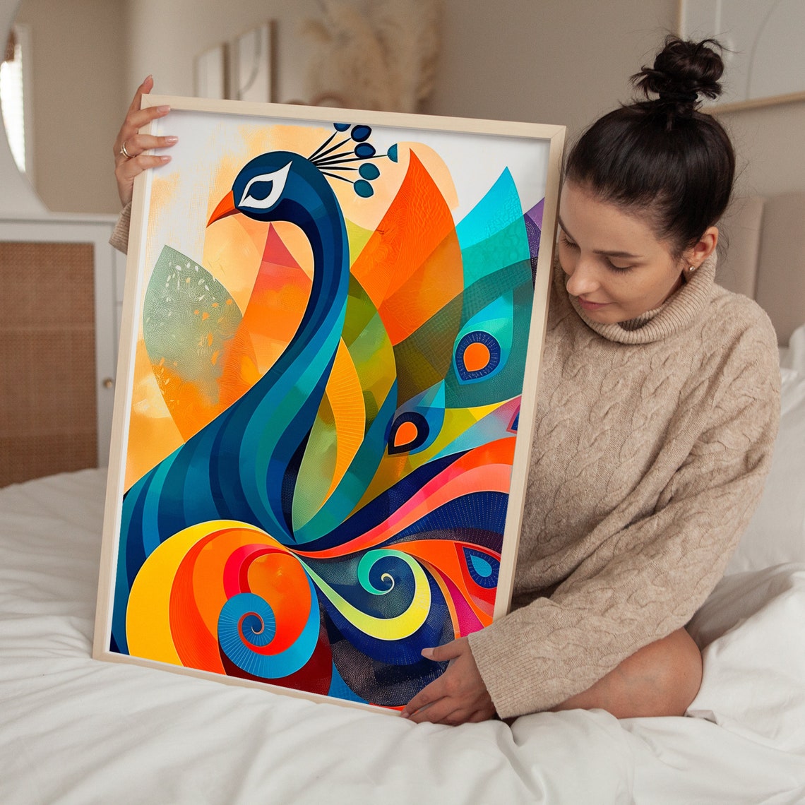 Stylized Peacock in Rainbow Geometric Colors Design Wall Print - Image 4