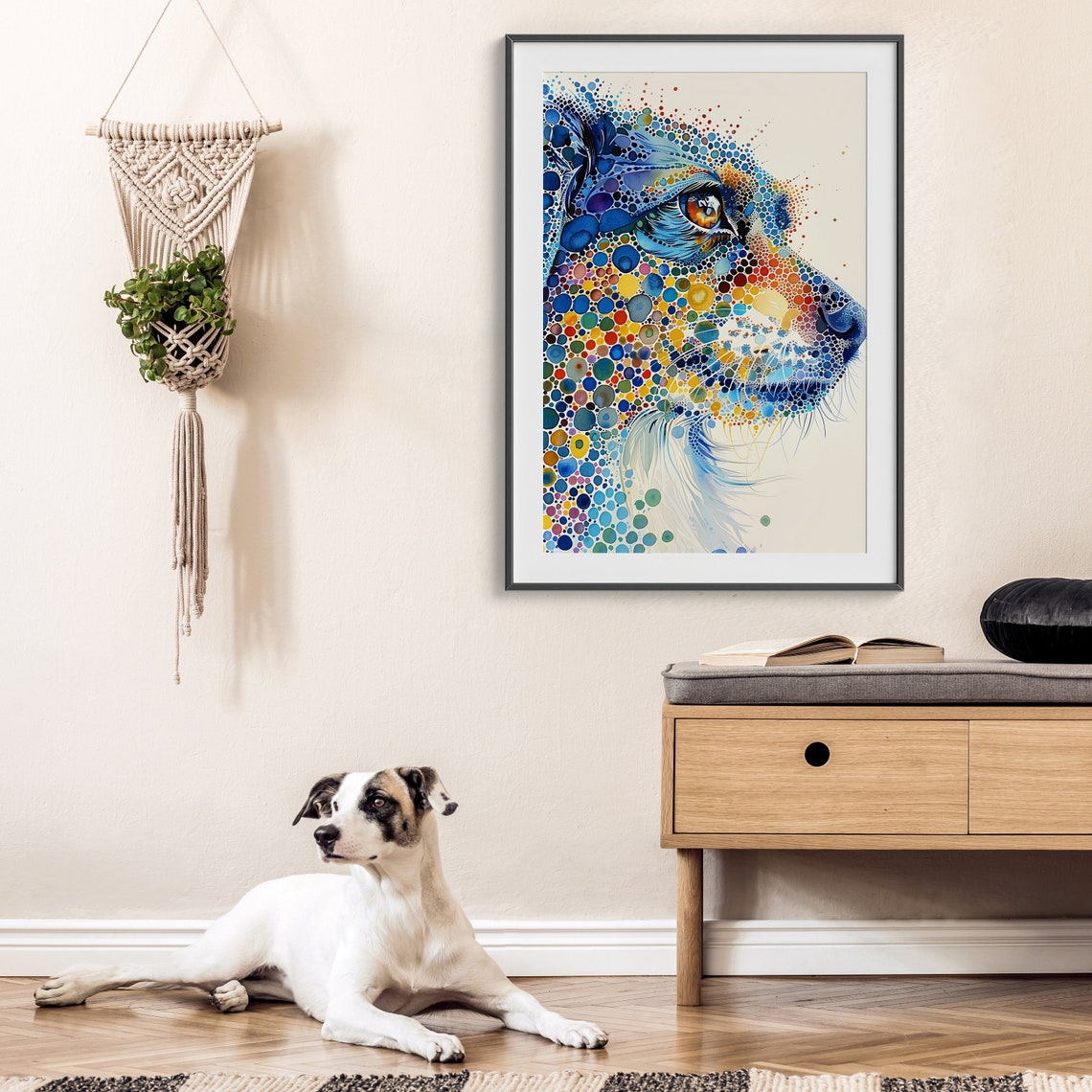 Blue Pointillism Dog Profile in Colorful Dotted Art Style Poster - Image 4