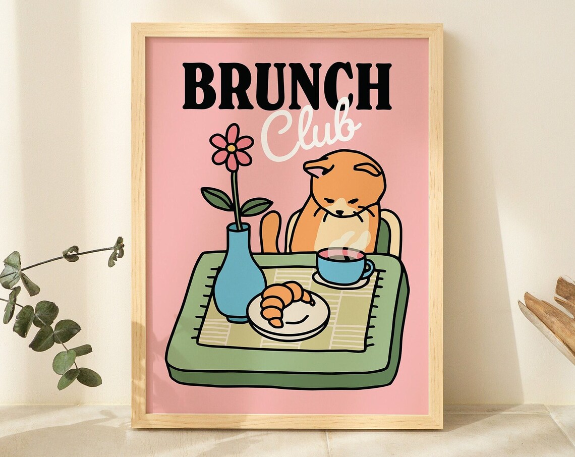 Retro Cat Kitchen Art Print, Brunch Club Cafe