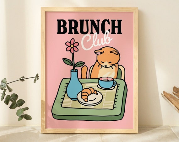 Retro Cat Kitchen Art Print, Brunch Club Cafe