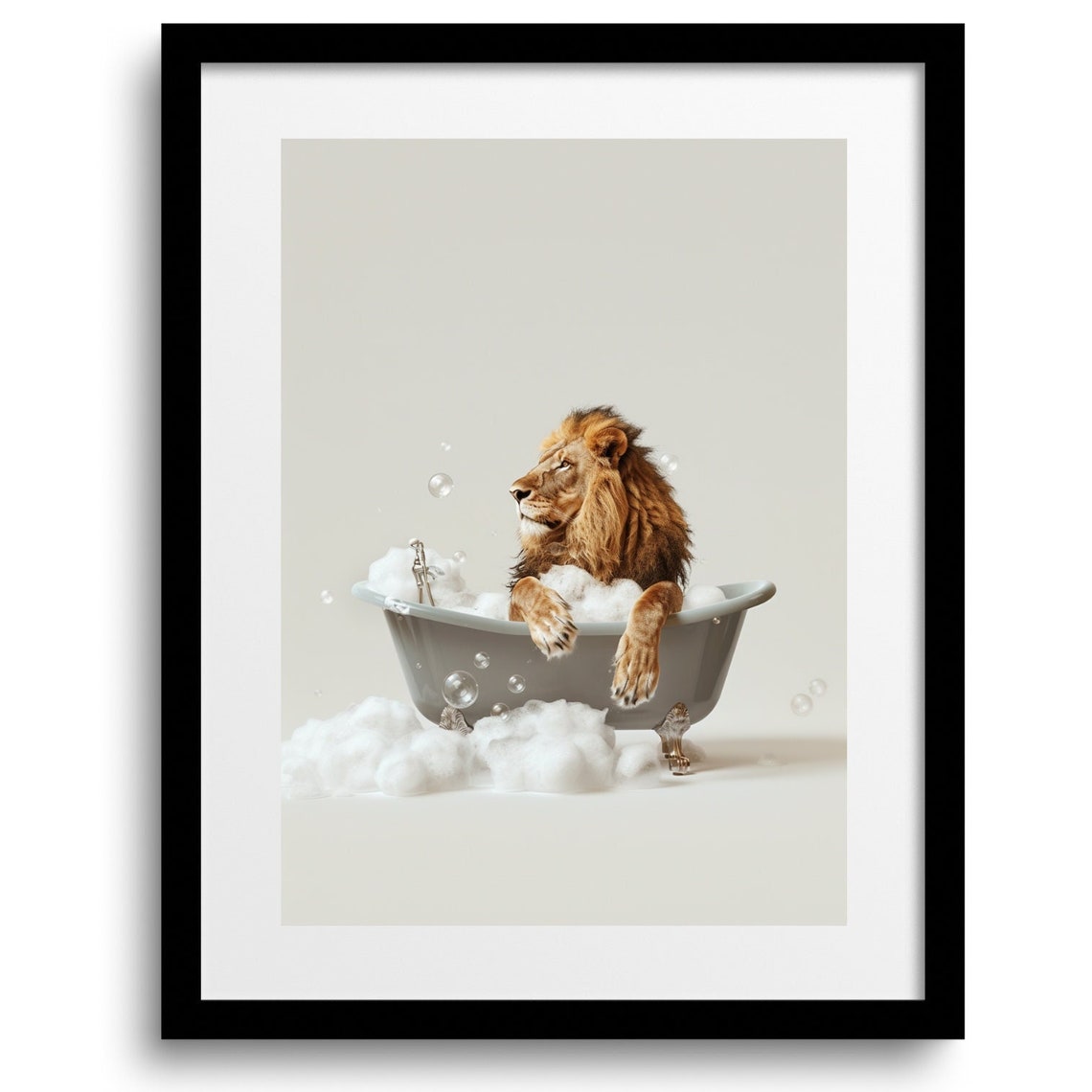 Lion Lounging in a Bubble Bath Tub Regal Funny Bathroom Animal Print