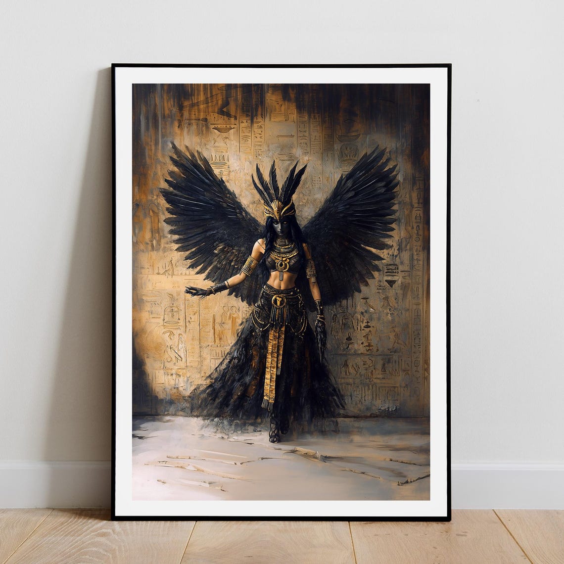 Maat Egyptian Goddess Black Wings Ancient Gold Oil Art Print - Image 2