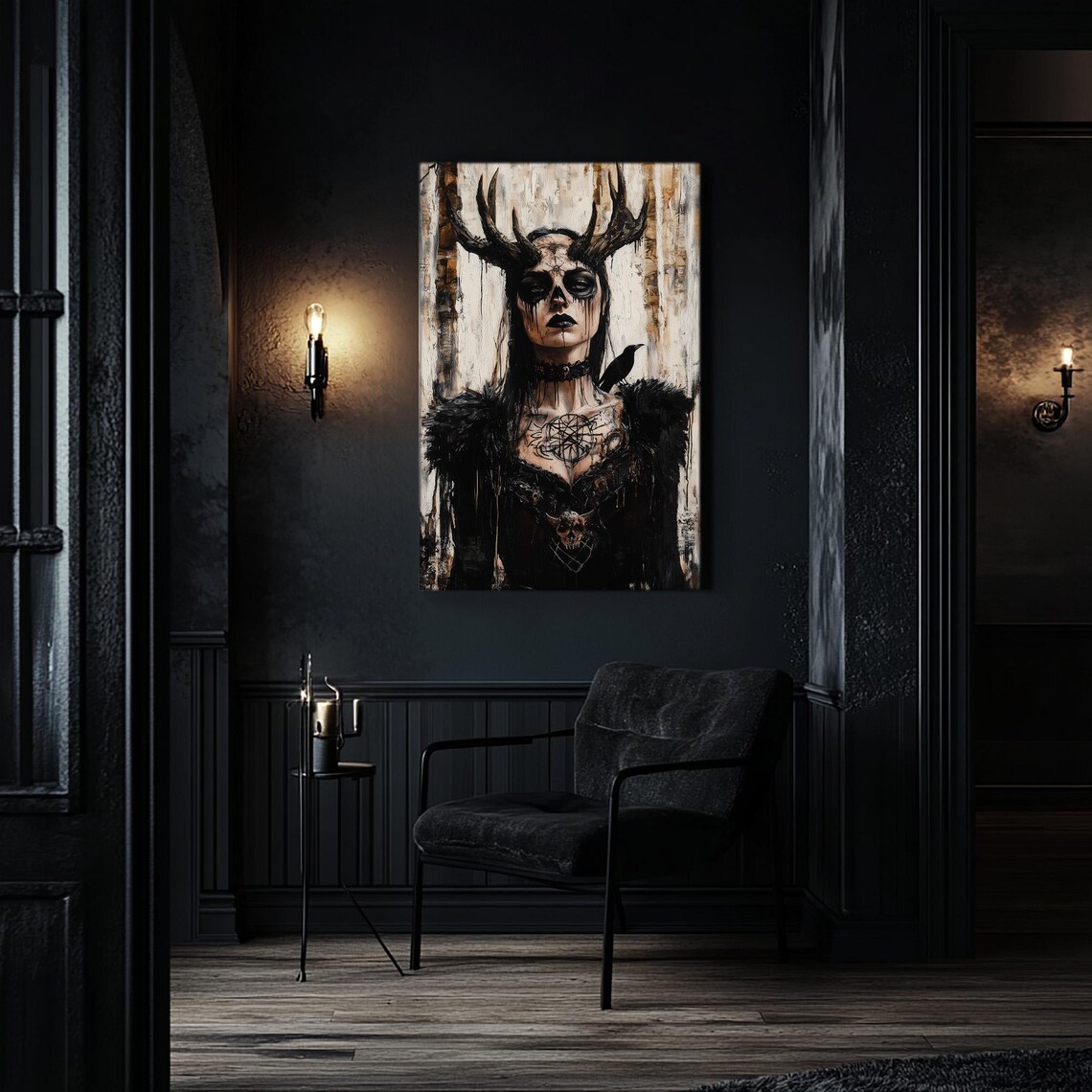 Horned Goth Witch Oil Painting Art Print - Image 3