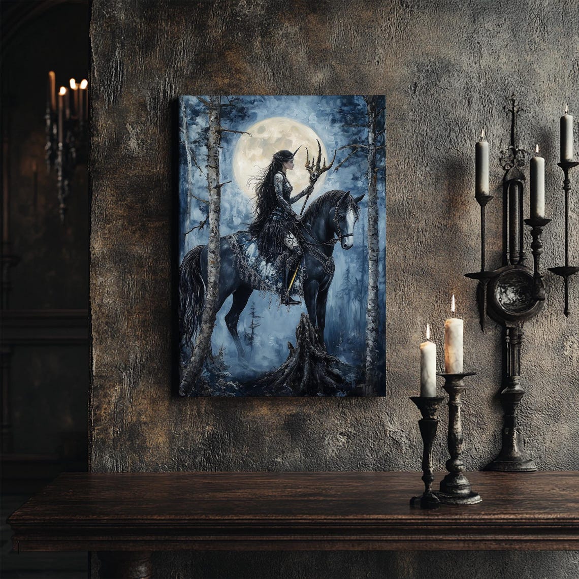 Unicorn Girl On Black Horse Moonlit Enchanted Forest Night Print - Image 7