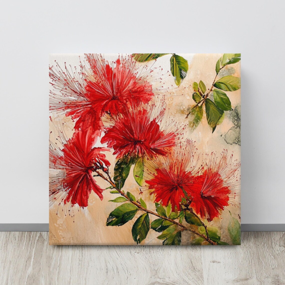Red Calliandra Powder Puff Blooms Tropical Branch Botanical Print