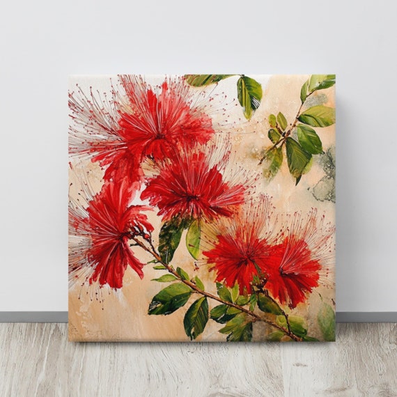 Calliandra Plant Painting Print Large Wall Art Red Wall Art Colorful Painting Tropical Plant Art Calliandra Flower Art Print