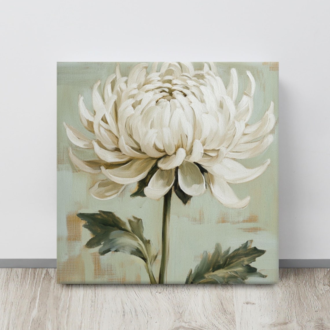 White Chrysanthemum Large Bloom Sage Green Botanical Flower Poster