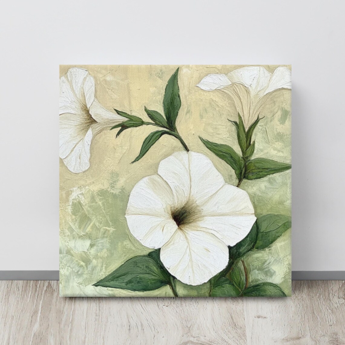 White Petunia Trumpet Blossoms Sage Green Oil Painting Poster