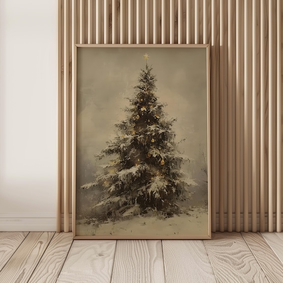 Vintage Christmas Tree Art Print, Moody Winter Holiday