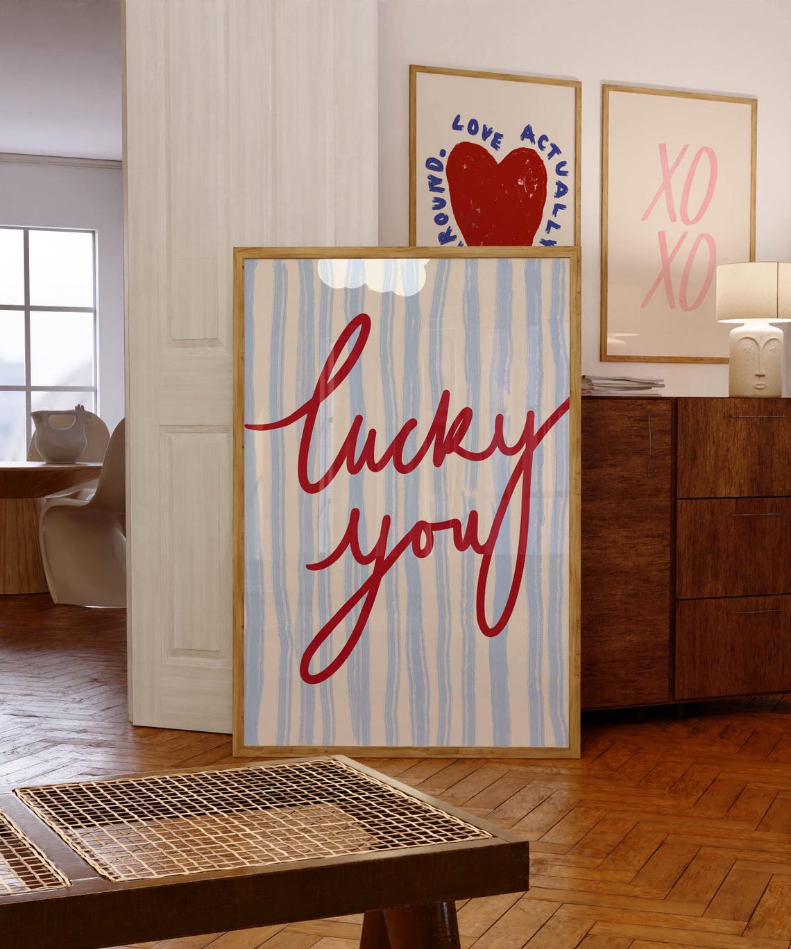 Lucky You Red Script Blue Striped Preppy Quote Trendy Wall Poster
