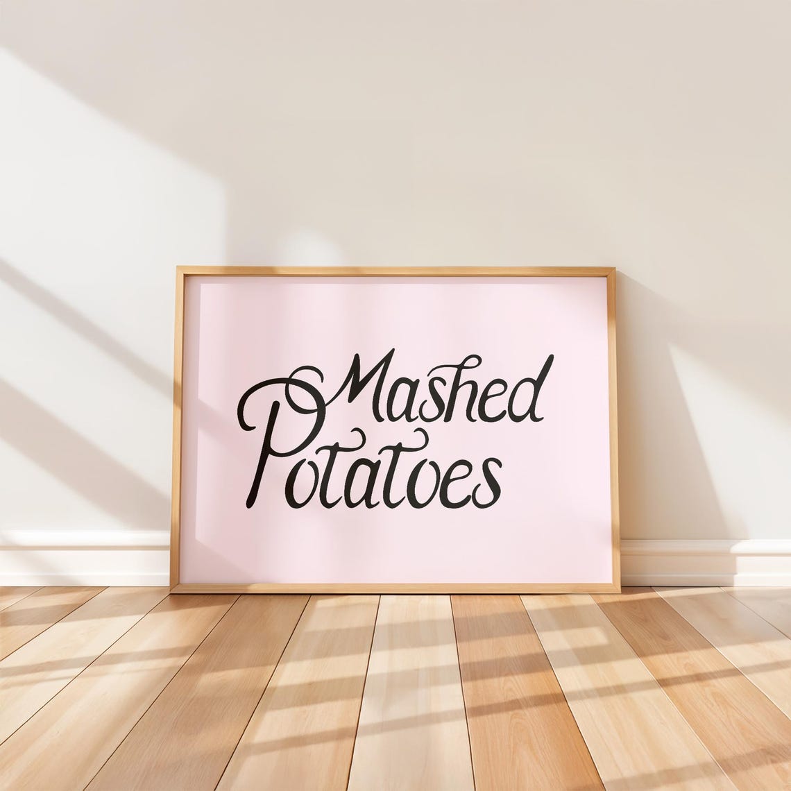 Mashed Potatoes Elegant Cursive Script on Blush Pink Kitchen Poster