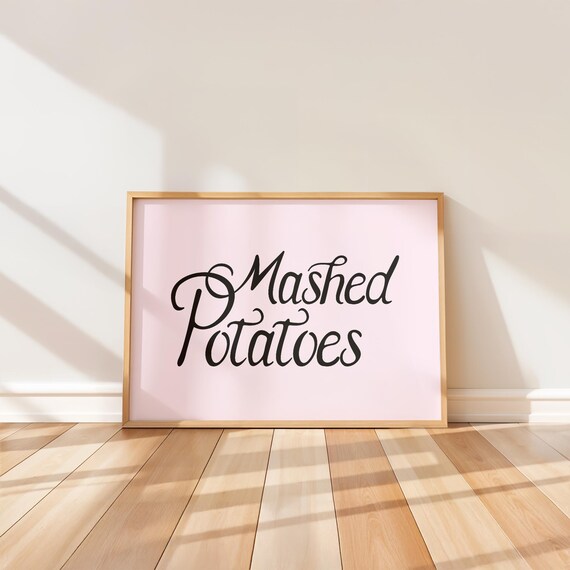 Mashed Potatoes Elegant Cursive Script on Blush Pink Kitchen Poster