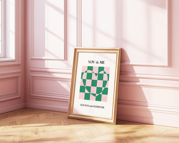 You and Me Always and Forever Checkered Heart Pink Green Poster