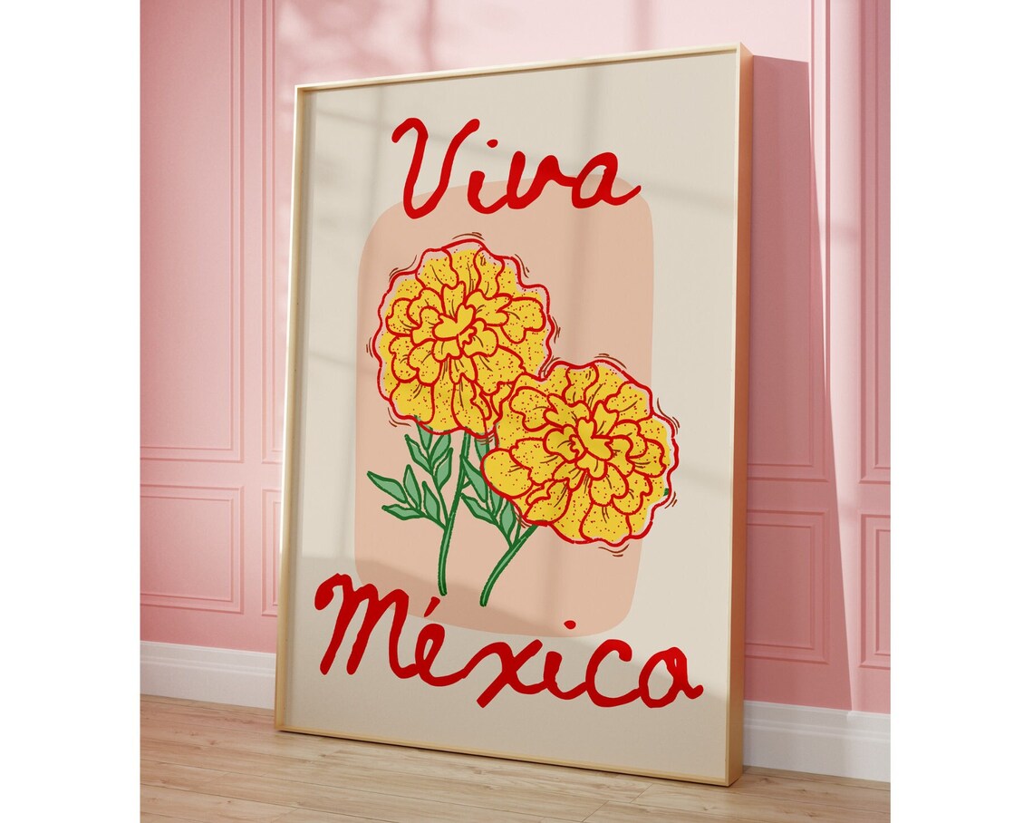 Mexican Flower Travel Poster, Pink Floral Wall Art
