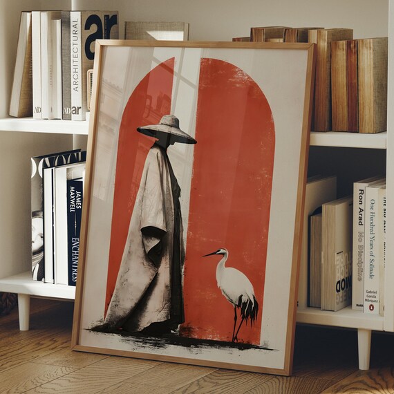 Abstract Japandi Wall Art Wabi Sabi Decor Japanese Crane Print Digital Download