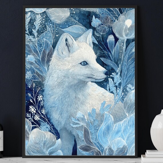 Arctic Fox Watercolor Print Mystical Winter Animal Art Icy Blue Botanical Decor Celestial Gothic Forest Wall Dl