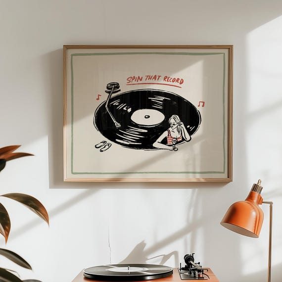 Spin That Record Wall Art Retro Groovy Home Decor Music Lover Player Vinyl Poster Funky Play It Twice
