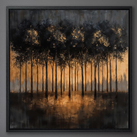 Serene Forest Landscape Wall Art Black And Gold Trees Painting Print Large Modern Wall Decor Abstract Nature Poster Ready To Hang
