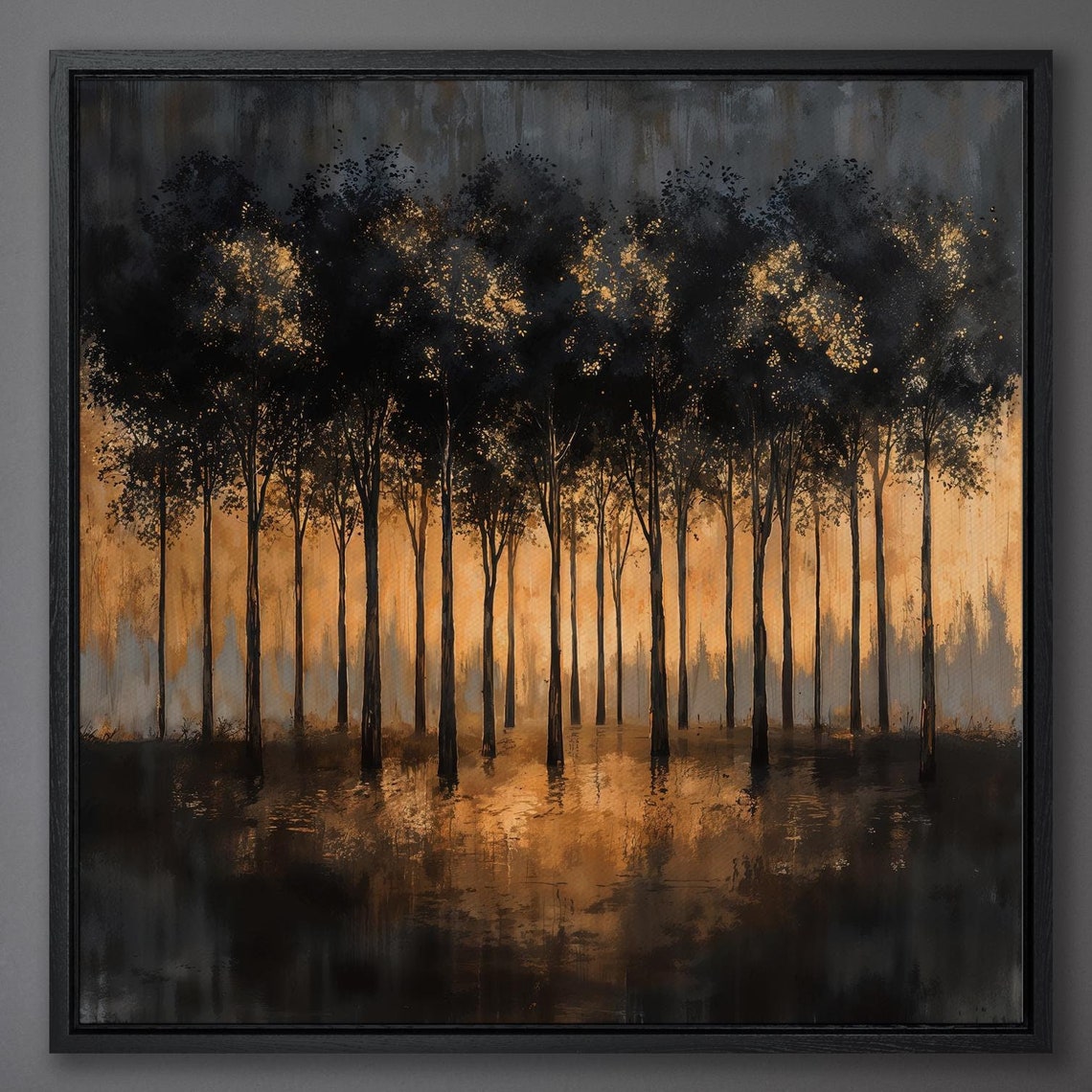 Dark Forest Trees Silhouettes in Golden Mist Reflection Art Poster