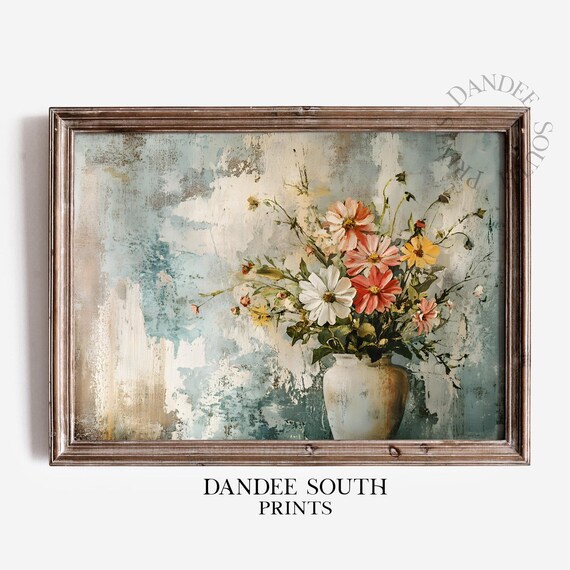 Vintage Rustic Floral Still Life Daisy Bouquet Ceramic Vase Print