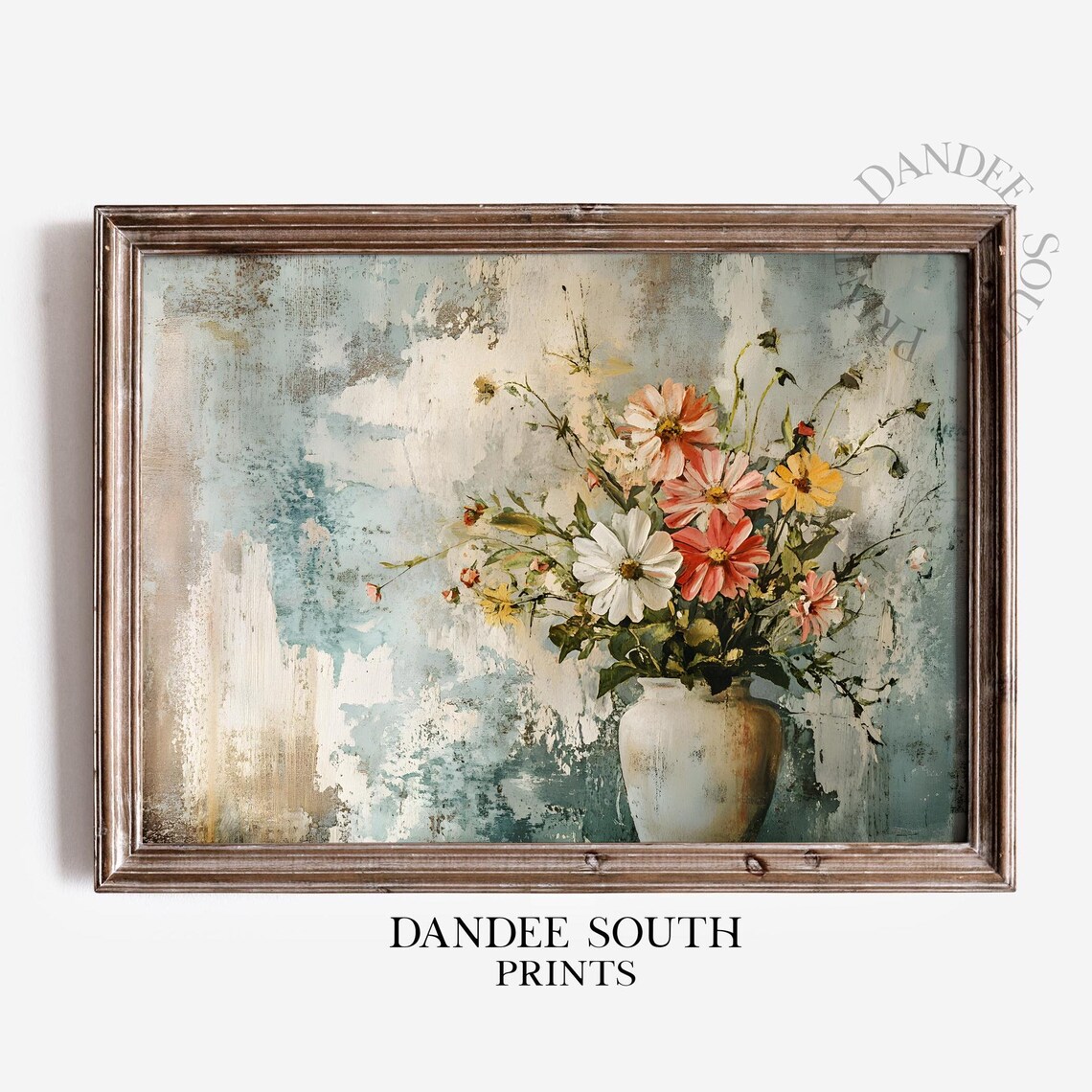 Vintage Rustic Floral Still Life Daisy Bouquet Ceramic Vase Print