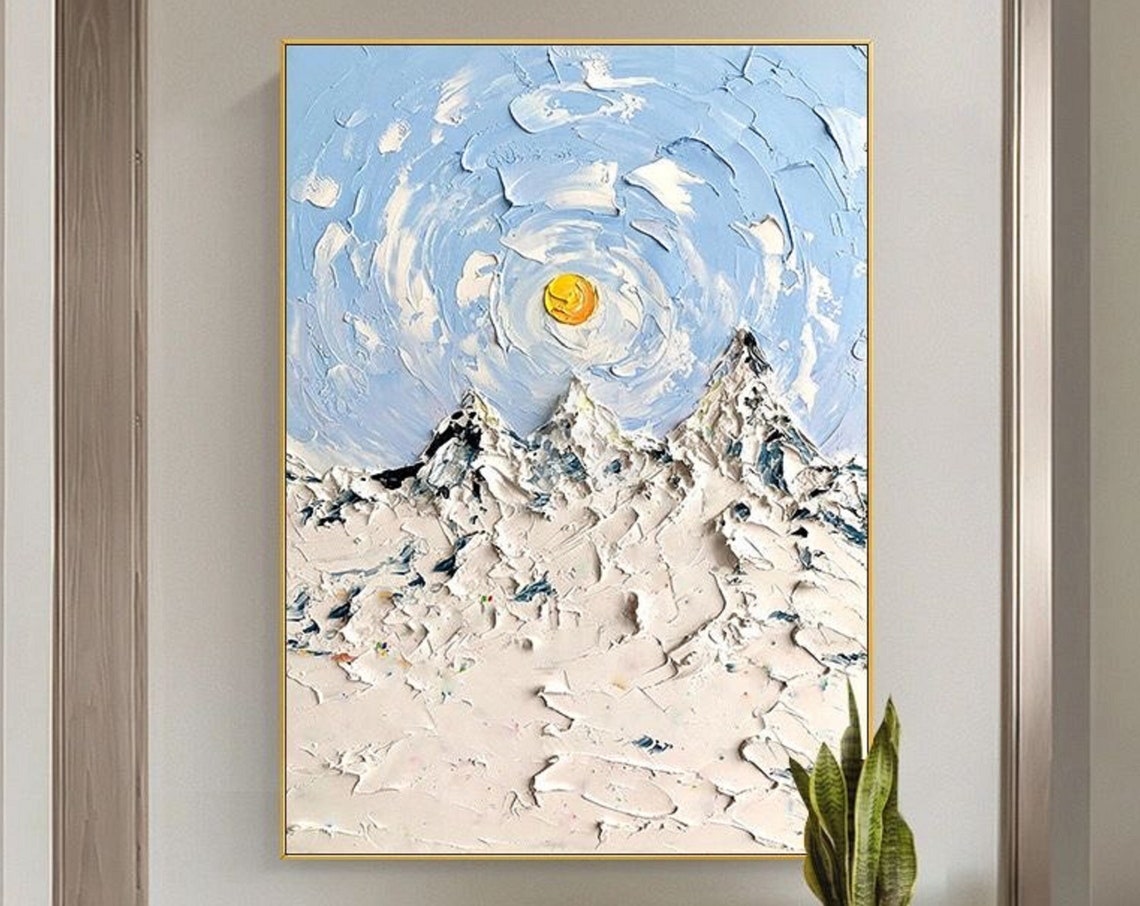 Snow Mountain Yellow Sun Impasto Blue Sky Winter Landscape Art Poster - Image 5