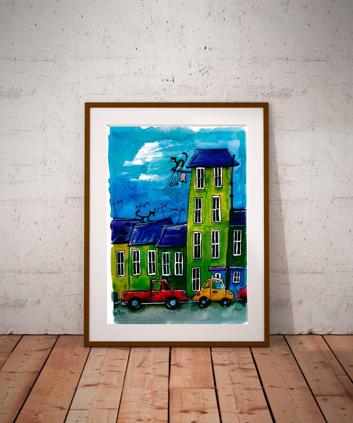 Whimsical Street Scene Cats on Roofs Colorful City Art Poster