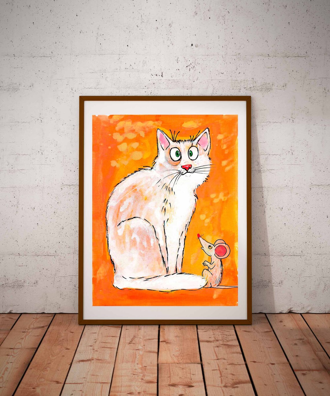 White Cat and Mouse Friends Cute Cartoon Orange Nursery Art Poster