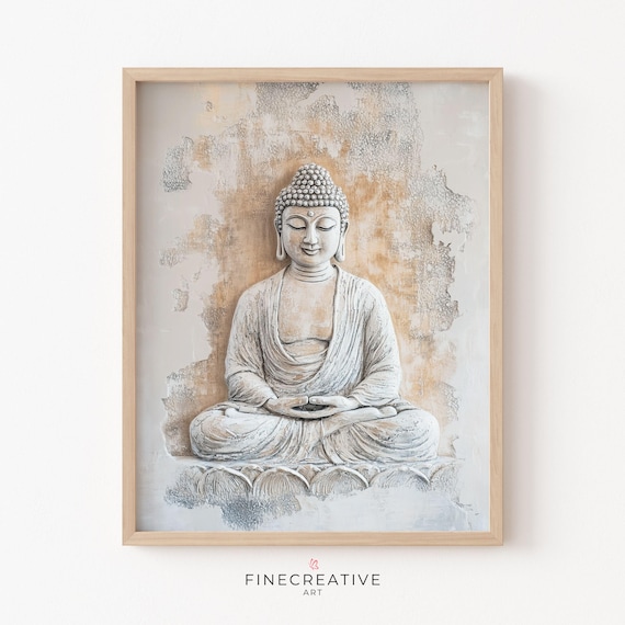 White Buddha Statue Relief Serene Meditation Painting Poster