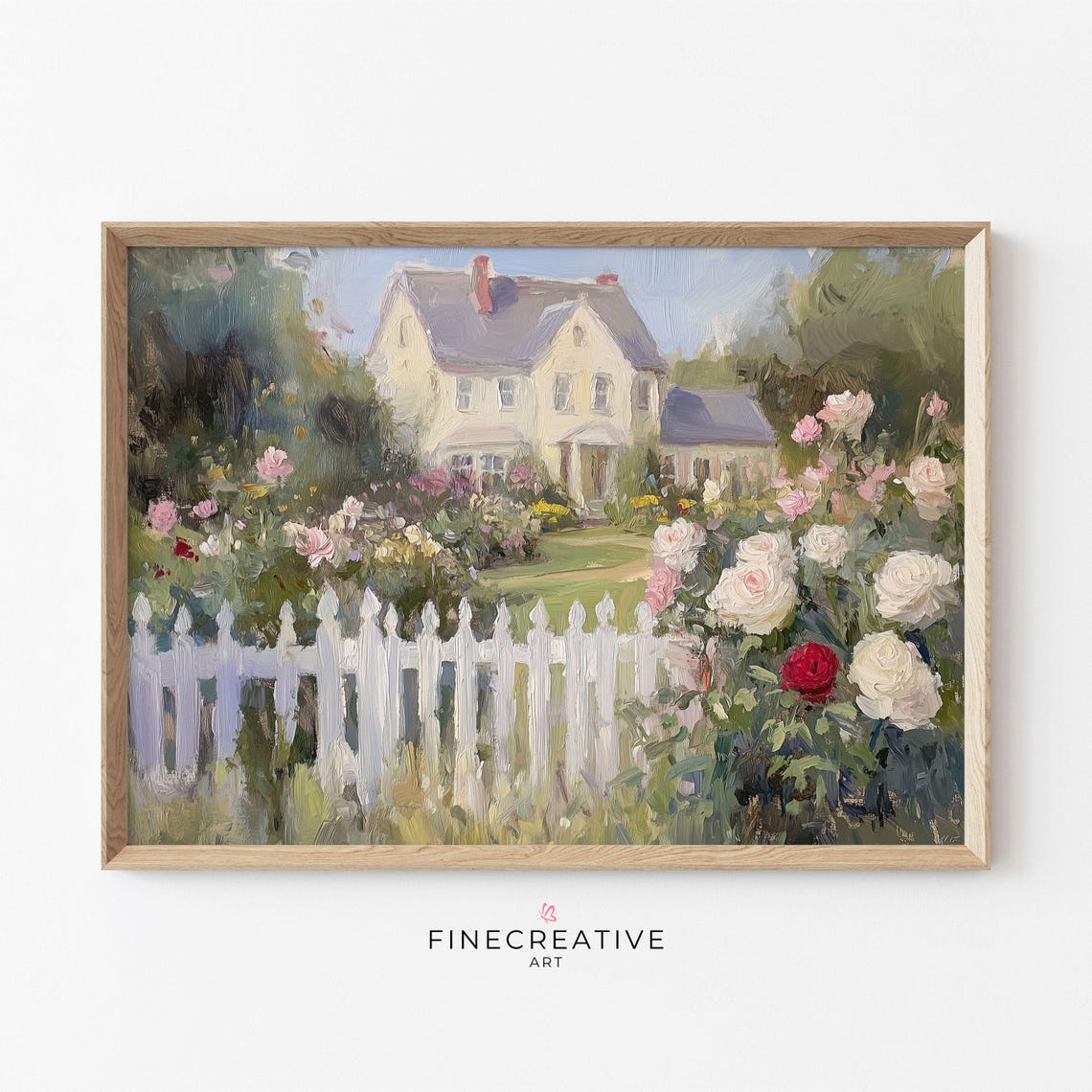 Charming Cottage With White Picket Fence And Rose Garden Print
