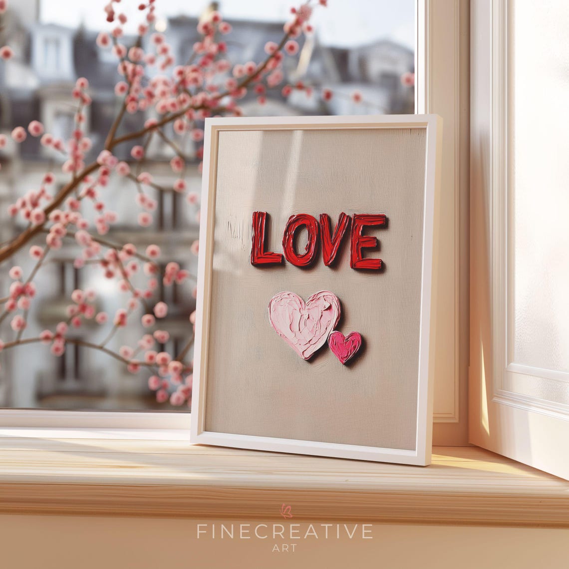 Textured Love Lettering With Pink Hearts Minimalist Wall Art - Image 2