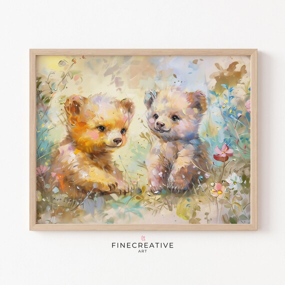 Sweet Baby Bear Cubs Pastel Wildflower Nursery Twin Art Poster