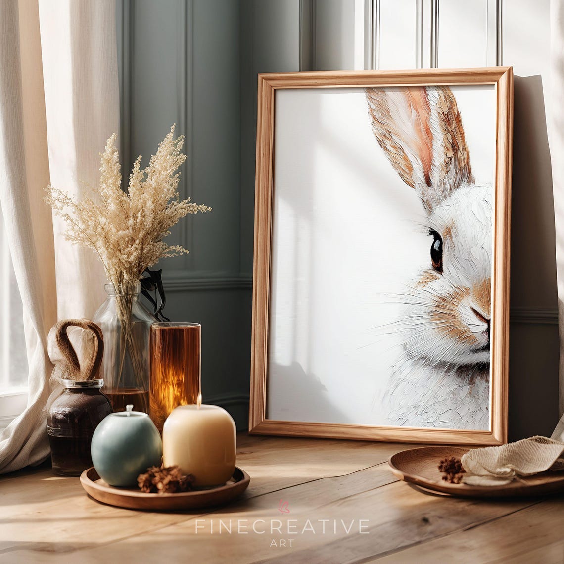 Minimalist White Bunny Close Up Thick Textured Painting Wall Art - Image 3