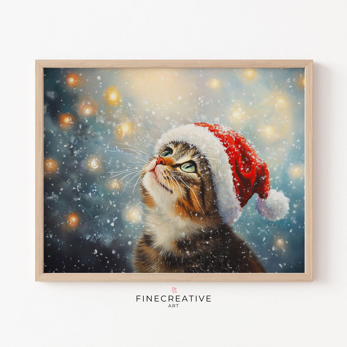 Tabby Cat in Santa Hat Snowfall Christmas Light Painting Poster